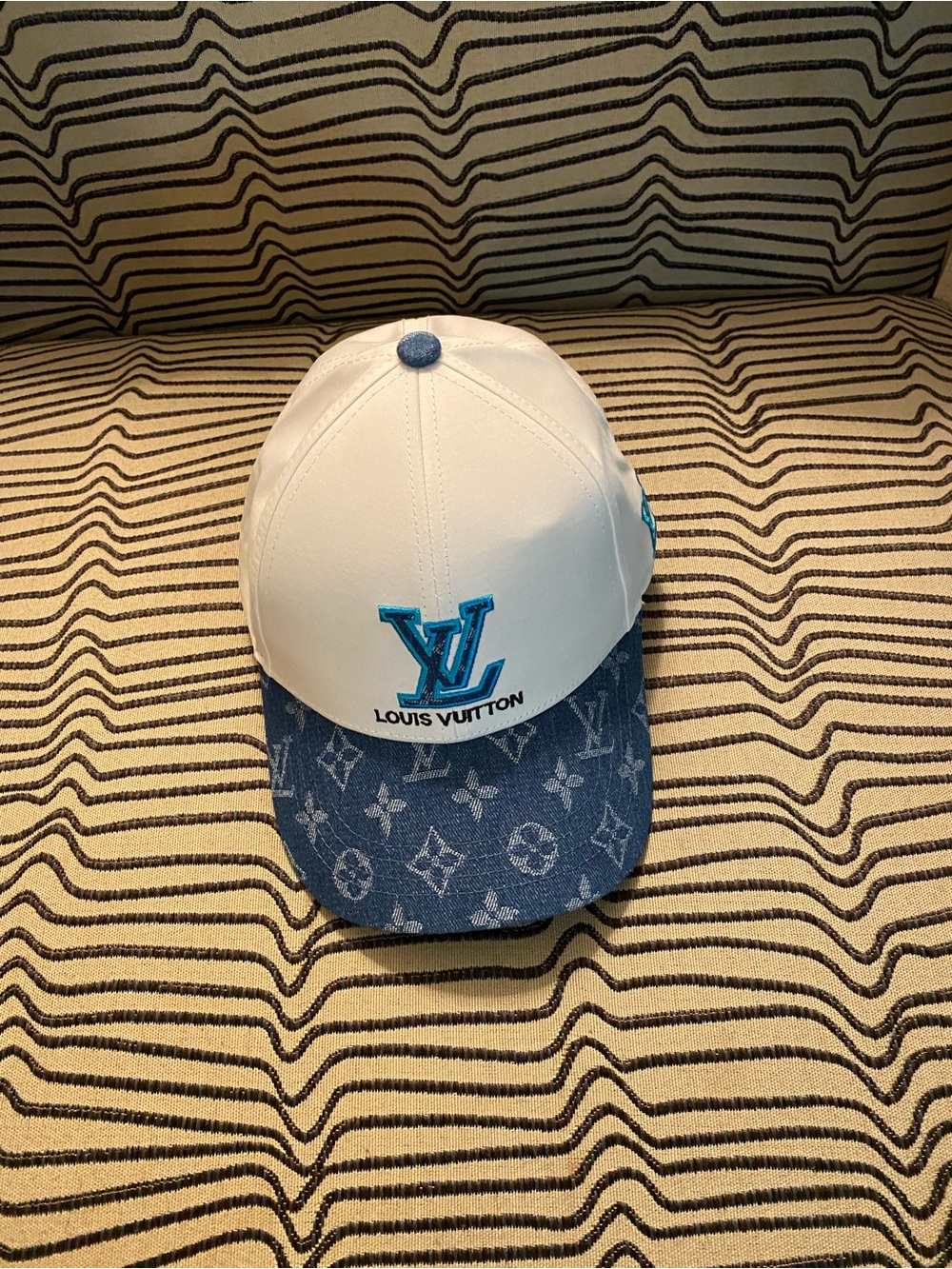 LV White Cap with Blue Denim Monogram Brim and Teal LV Patch